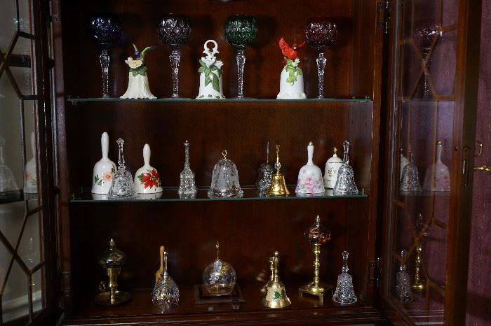 Collection of china and crystal bells, cut crystal stemware. 
