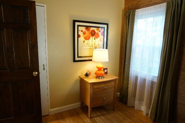 Contemporary beech 2 drawer chest, orange glass lamp and framed picture "Poppies"