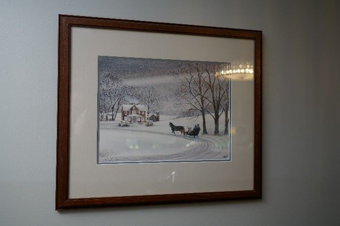 Signed Christmas open sled print "T. Fowler" circa 1987.