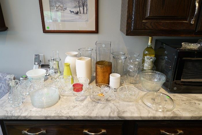 Assorted glass, crystal, Pyrex, vases.  Much more than shown.