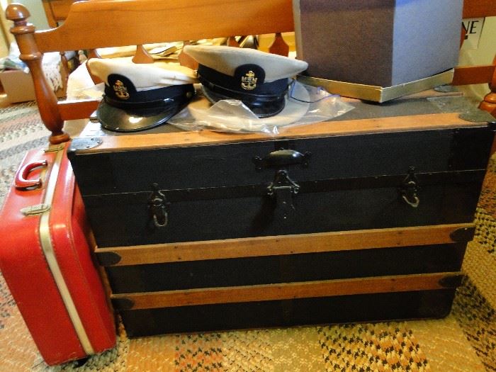 Steamer Trunk, Vintage Suitcase, and Military Hats