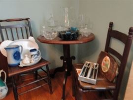 Cane Bottom Chairs and an occasional table, a Pfaltzgraff Turkey Platter, and beautiful pottery