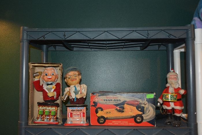 A sample of vintage collectibles which includes a new Prop Rod toy car in it's original box!