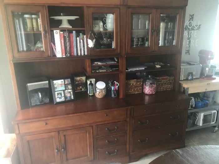 Cherry wall unit with pull out desk, lights and electronic control unit for other plug-ins. (4 piece).
