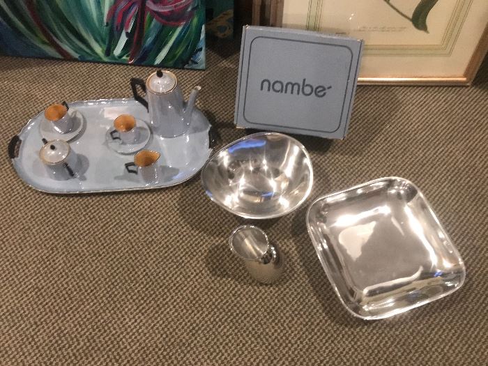 Nambe' silver serving set. Beautiful Victoria China tea set from Czechoslovakia.