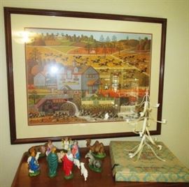 Charles Wysocki large framed print under glass, vintage nativity set, vintage metal folding Christmas tree