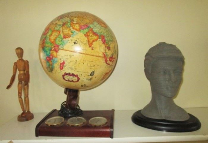Wooden jointed man, vintage world glove, moveable head bust