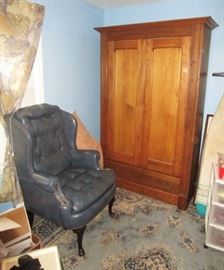 Wing back chair, spoon carved wardrobe