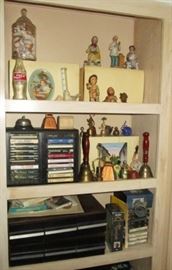 Vintage figurines, cassette tapes, VHS, CD's, cassette and CD holders