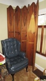 2/2 wing back chair and tall carved wooded folding screen