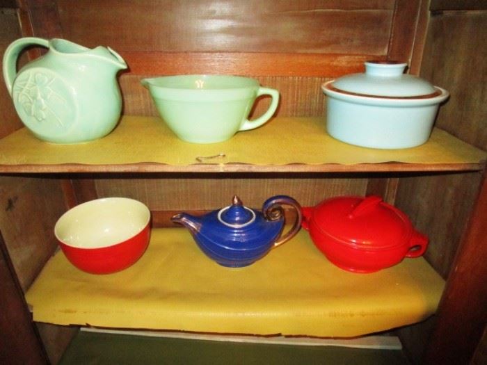 Collectible kitchen items, Jade measuring pitcher, Hall bowls, Teapot, covered casserole, etc.
