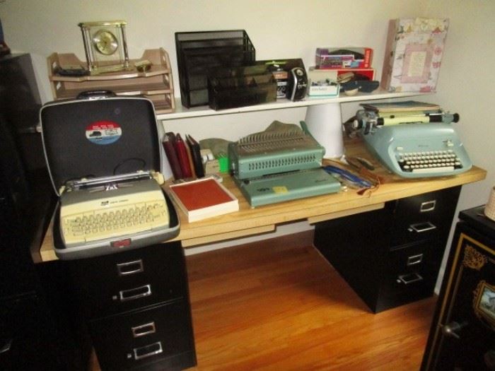 Vintage typewriters, misc. office items, 2 drawer and 4 drawer file cabinets
