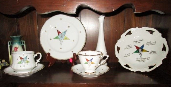 Mason porcelain cups & saucers, plate, compote