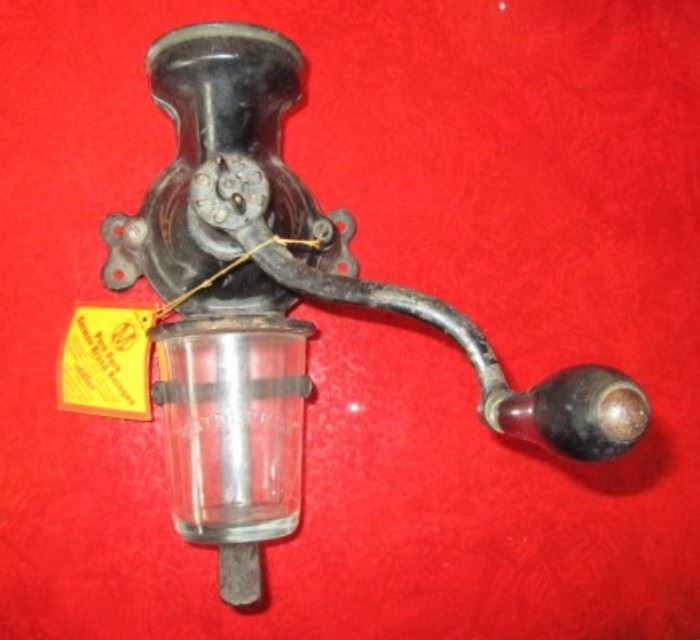Enterprise coffee grinder and original glass, missing top coffee holder
