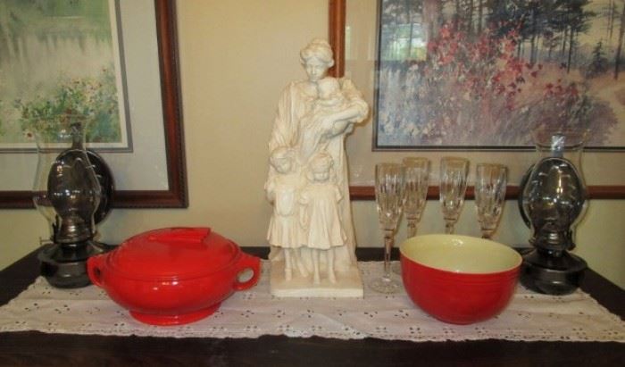 Hall casserole and bowl, large chalkware woman w/ children, champagne stems, signed prints