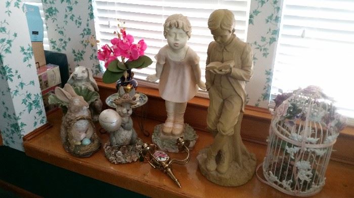 A lot of garden  statues, sculptures, fountains, pots, wood and metal benches and more