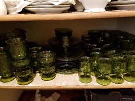 2 patterns green glassware 
Indiana glass co.
Pitchers
Bowls
Footed Glasses
Footed dessert cups
Platters
Footed dessert wine
There is a ton! 