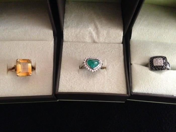 14K white gold with black and white diamond ring, 18K gold with diamonds and large emerald ring, Large citrine and 14K ring