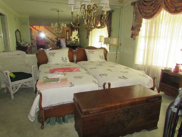 Lovely twin bed set, Lane cedar chest and white wicker chair