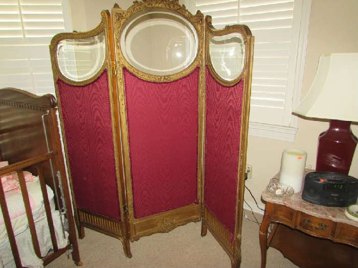 19th century French Dressing/Changing Screen with beveled glass inserts.