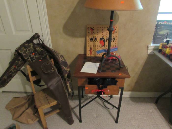 Pottery Barn game table with playing pieces.