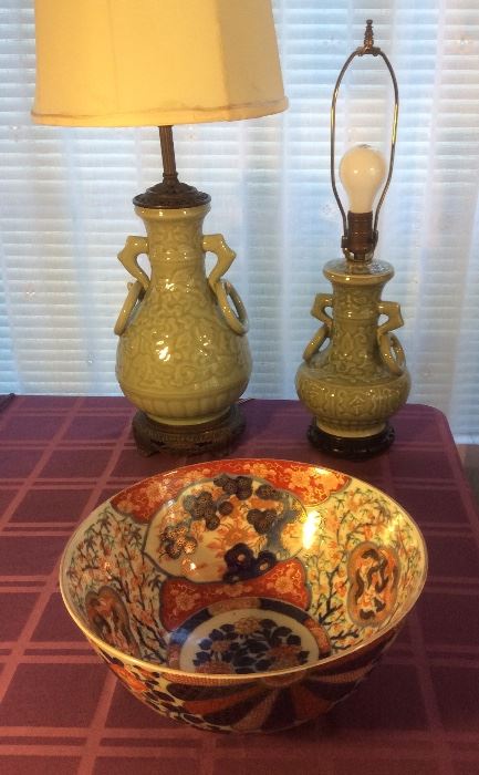 Vintage Chinese celadon lamps, Japanese Imari bowl (12" diameter)