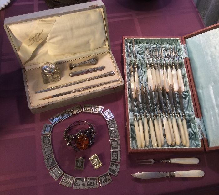 German 800 silver writing set in presentation box, amber & silver bracelet, Mexican sterling bracelet & earring set, antique European fish/shellfish set with mother of pearl handles in presentation box.