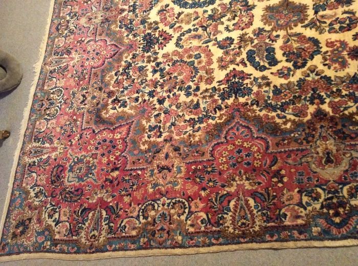 Persian Kirman rug, c. 1930s, 11 x 17 ft. This rug is said to have belonged to Amelia Earhart (!) though we have no documentation regarding the provenance. The rug was gifted to the sellers by the daughter of a New York City attorney who handled Ms. Earhart's estate.