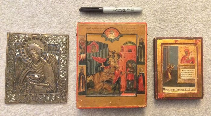 3 smaller antique Russian icons (Sharpie for scale): Brass & enamel travel icon of St. John the Baptist, Beheading of St. John the Baptist (tempera on wood), Mother of God Unexpected Joy (tempera & gold leaf on wood)