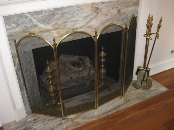Fireplace screen, andirons and tools