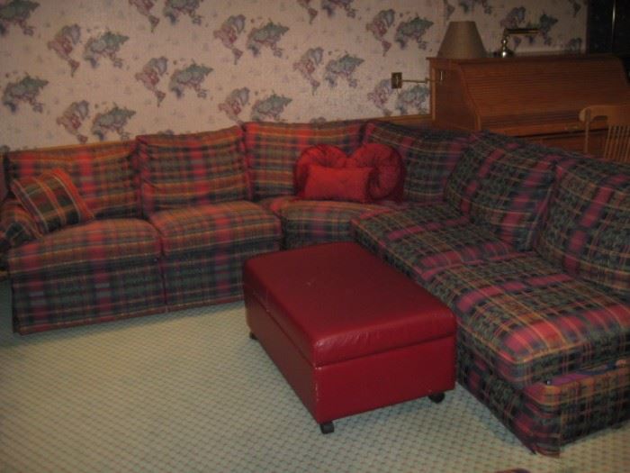 Plaid sectional, leather storage ottoman
