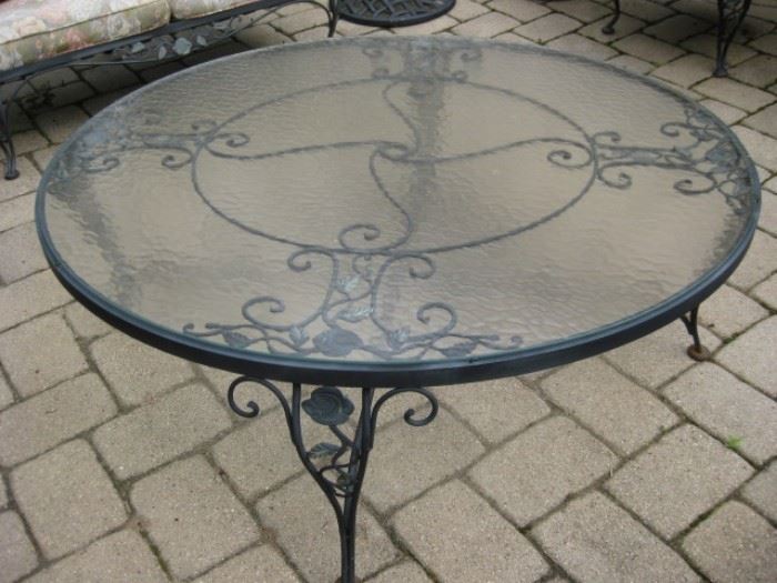 Lovely Woodard Chantilly Rose iron center table, with glass top