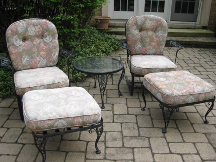 Woodard Chantilly Rose Iron arm chairs, ottoman's and round table with glass top