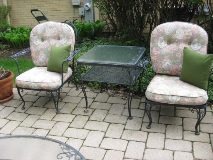 Two Woodard Chantilly Rose arm chairs, and a Woodard Chantilly Rose two tier accent table