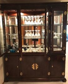Burlwood Lighted Hutch.  Very high end, asking a great price.  Filled with lots of lovelies!  Including a full set of Lenox crystal stemware.  