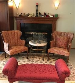 Two lovely armchairs, rugs, bench, fun shoe decor