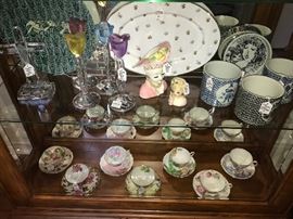 Loads of collectibles: antique cups and saucers, LOTS of items from Bjorn Wiinblad, Hummels, Shawnee, Belleek, etc. 