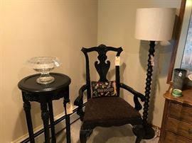 Gorgeous arm chair, turned wood floor lamp and side table which would also be a great plant stand or art stand.