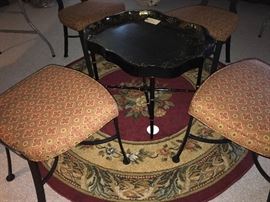Antique black lacquer tray table, rugs