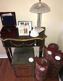 Darling black and gold piece could be used as a writing desk, hallway table, sofa table - use your imagination.  Rugs, jewelry boxes, lamps, picture frames, collectibles, benches