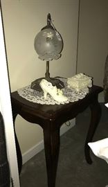 Antique lamp, small collectibles, antique side table