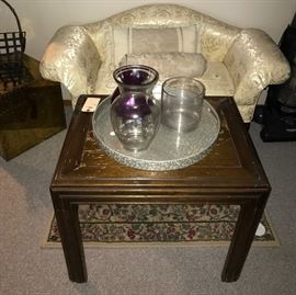 Settee, older table, vases, trays, rugs,etc....