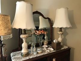 Antique lamps, Limoge vanity set, Spode pieces, Shabby Chic floor lamp
