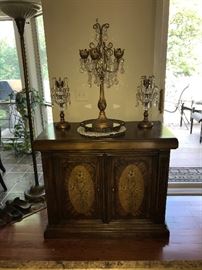 Inlaid wood cabinet, crystal candelabra set