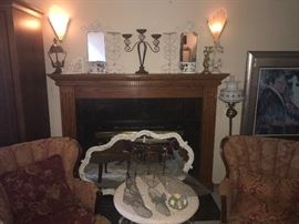 Lots of shabby chic high end decor, antique mirror, pair of armchairs, signed artwork, candelabras, floor lamps