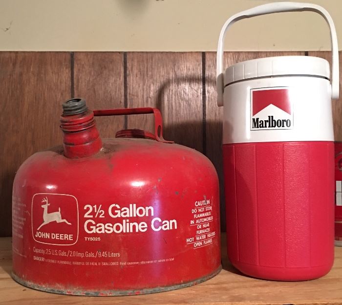 2.5 Gallon Metal John Deere Gas Can & Marlboro Water Jug 