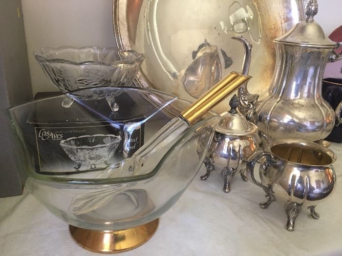 Gold-Plated / Rimmed MC Salad Bowl & Tongues, Silverplated Rogers Tea Set