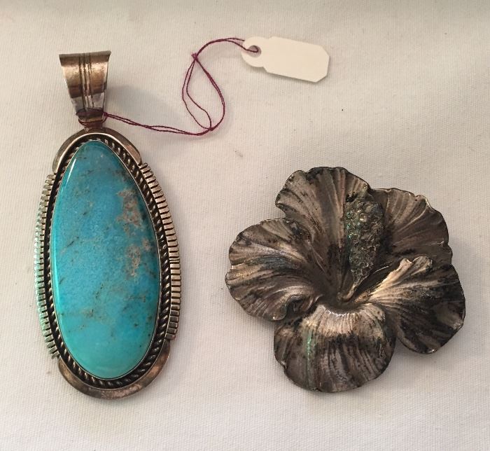 Sterling & Turquoise Brooch, Gumps Sterling Hibiscus Brooch