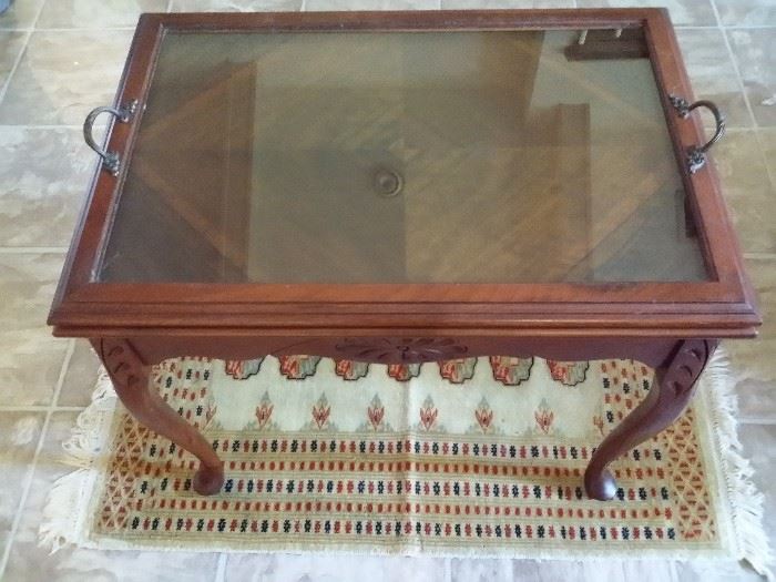 Inlaid table with glass tray top