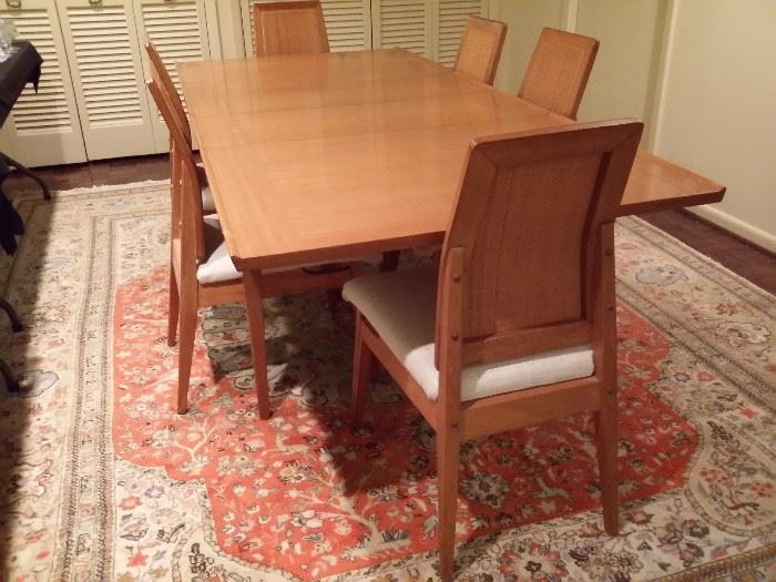 Mid century "Brown Saltman" dining table & 6 chairs.  Purchased new in 1952.  Table measures 56"x38" without leaves.  It has two 14" leaves.  With the leaves included it measures 84"x38". 